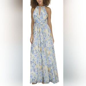 Eliza J Floral Cutout Rhinestone Halter Neck Gown NWT Size 12 Blue/Yellow
